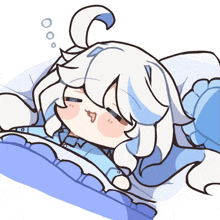 a cartoon drawing of a girl with white hair sleeping on a bed