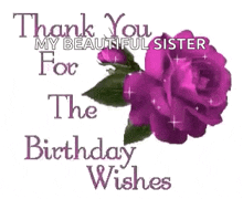 a purple rose with the words `` thank you my beautiful sister for the birthday wishes '' .