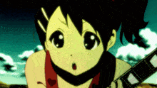 a girl with a surprised look on her face is holding an electric guitar