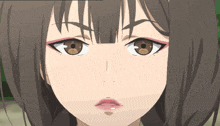 a close up of a girl 's face with a serious look on her face