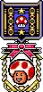 a pixel art illustration of a medal with a mushroom and a toad on it .