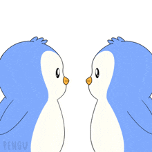 two blue penguins are standing next to each other and the word pengu is on the bottom