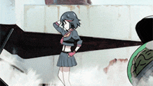 a girl in a skirt is standing in front of a green object that says ' a ' on it