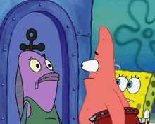 spongebob and patrick are standing next to each other in front of a door