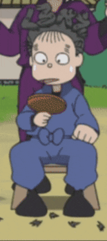a cartoon character sitting on a stool with a fan in his hand