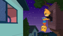 a cartoon drawing of two cats in a tree house at night