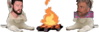 a man with a beard sits next to a cat with a fire behind them