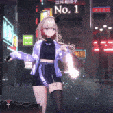 a girl is standing in front of a sign that says no.1