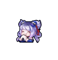 a girl with purple hair is eating a rice ball in a video game .