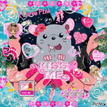 a picture of a mouse with the words kiss me written on it
