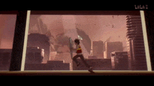 a cartoon of a man running with a shield in front of a window with bilibili in the corner
