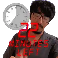 a man with glasses and a clock behind him that says " 2 minutes left "