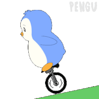 a cartoon of a penguin riding a bike with the word pengu in the corner