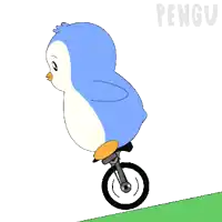 a cartoon of a penguin riding a bike with the word pengu in the corner