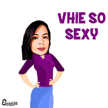 a woman in a purple shirt is surrounded by roses and the words " vhie so sexy "