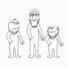 three cartoon characters are standing next to each other and pointing at each other .