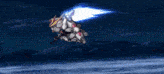 a robot is flying through the air with a sword in its hand .