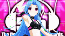 a girl with blue hair is dancing in front of a sign that says " the fly "