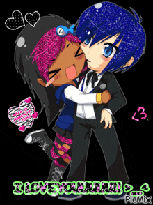 a girl with pink hair is hugging a man in a suit