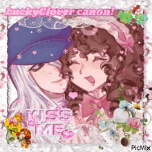 a picture of two girls with the words kiss me written on it