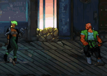a video game shows a man and a woman fighting in front of a sign that says ' x-tl '