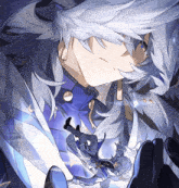 a close up of a cartoon character with white hair
