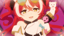 a girl with red hair is holding a teddy bear in her hand