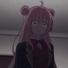a girl with pink hair is wearing a school uniform