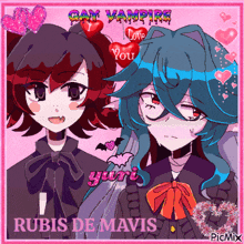 a picture of two anime girls with hearts and the words gay vampire love you rubis de mavis
