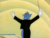 a cartoon of a cat in a tuxedo holding a conductor 's stick