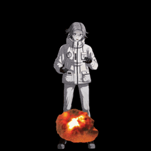 a black and white drawing of a person standing on top of an explosion