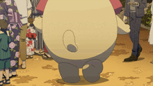 a cartoon character with a large belly is standing in front of a group of people