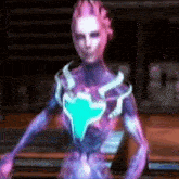a purple and blue robot with a heart on his chest is standing in the dark .