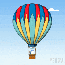 a colorful hot air balloon with a penguin in it is labeled pengu