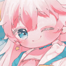 a close up of a girl with white hair smiling with her eyes closed