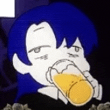 a cartoon character with blue hair is drinking a beer from a glass .