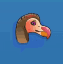 a cartoon drawing of a bird with purple eyes and a pink beak .