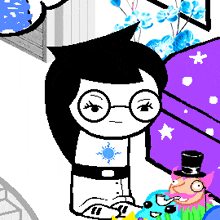 a cartoon character with glasses and a sun on her chest