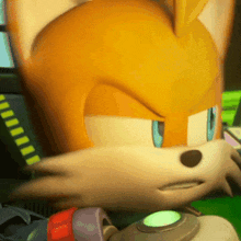 a close up of a cartoon character 's face with a green light behind it
