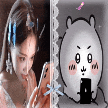a picture of a woman looking at her phone next to a picture of a bear