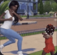 a woman in a white shirt and blue jeans is running with a little girl in a red dress .