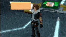 a video game character is standing in front of a screen that says " freeze scan " on it