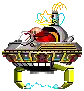 a pixel art illustration of a flying saucer with a red heart on top .