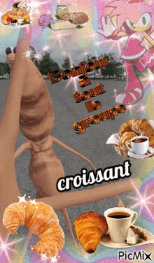 a picture of a croissant and a cup of coffee says bonjour tout le groupe