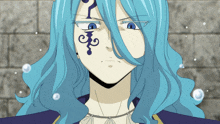 a cartoon character with blue hair has a tattoo on his face