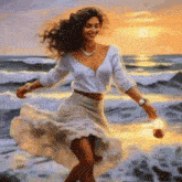 a woman in a white dress is running on the beach at sunset