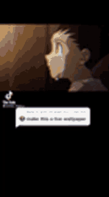 a close up of a person 's face with a speech bubble .