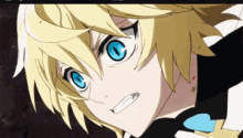 a close up of a person with blue eyes