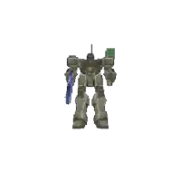 a pixel art of a robot holding a gun and a green box .