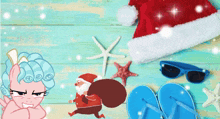 a santa hat sunglasses flip flops and starfish are on a blue wooden table